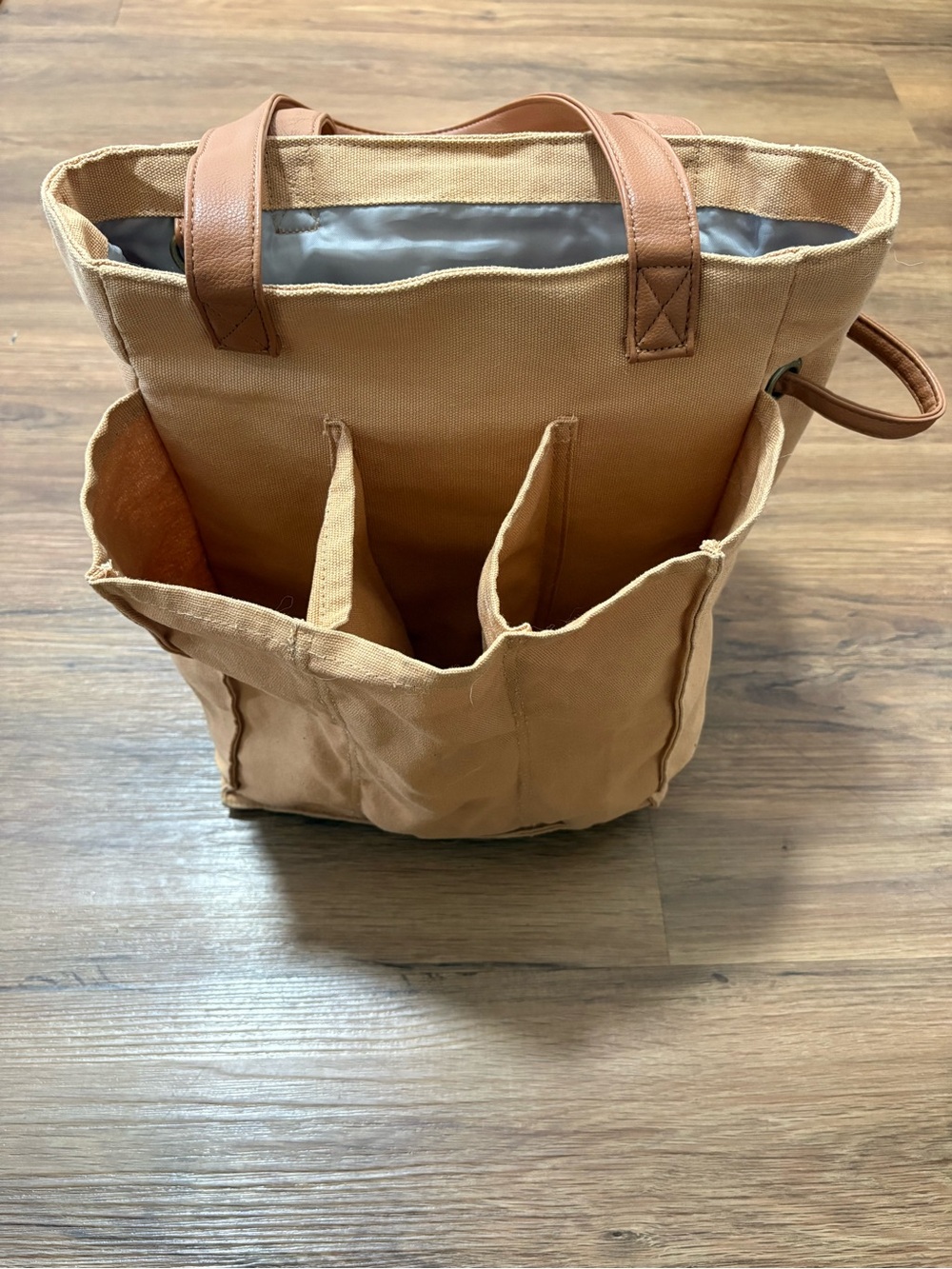 Thirty-One Wine Tote Bag Tan Canvas 6 Bottle Carrier Insulated Insert Included